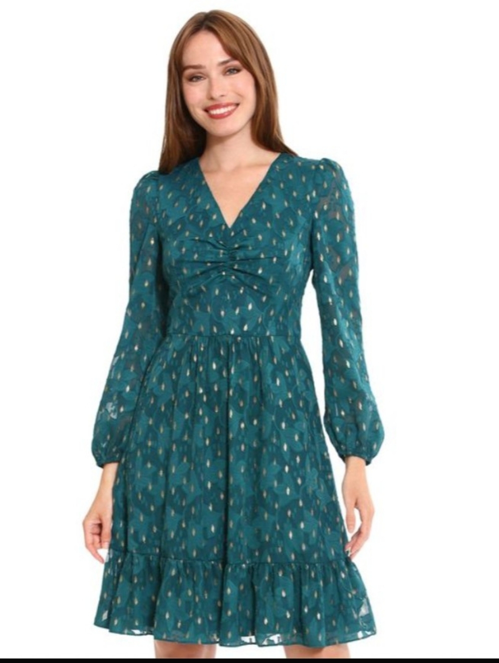 London Times Teal Long-Sleeve V-Neck Fit-and-Flare Dress with Metallic Acc#129#